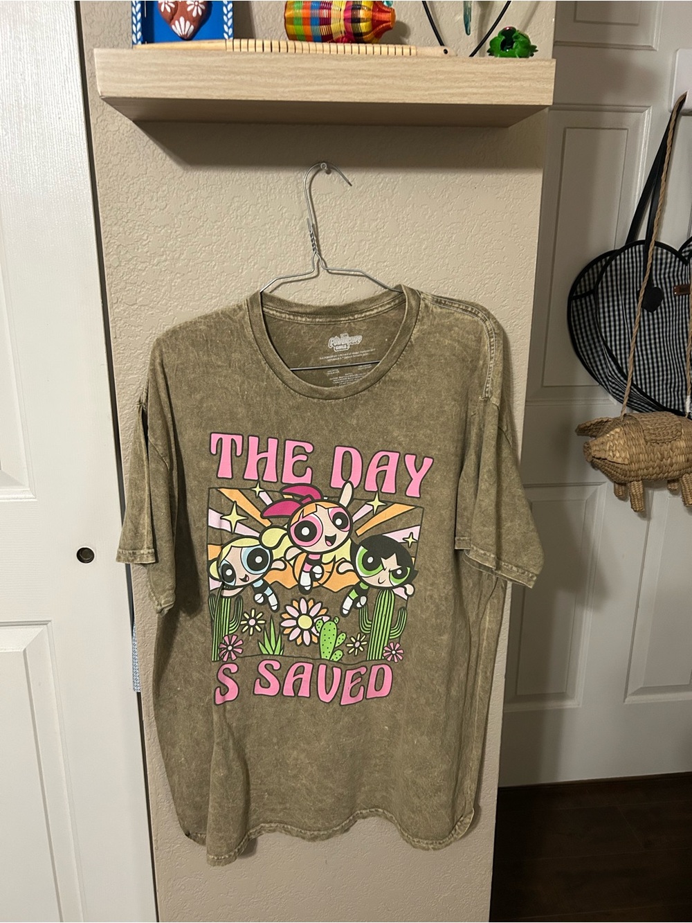 Cartoon Network Powerpuff Girls Graphic Tee - Olive Green with Pink Artwork